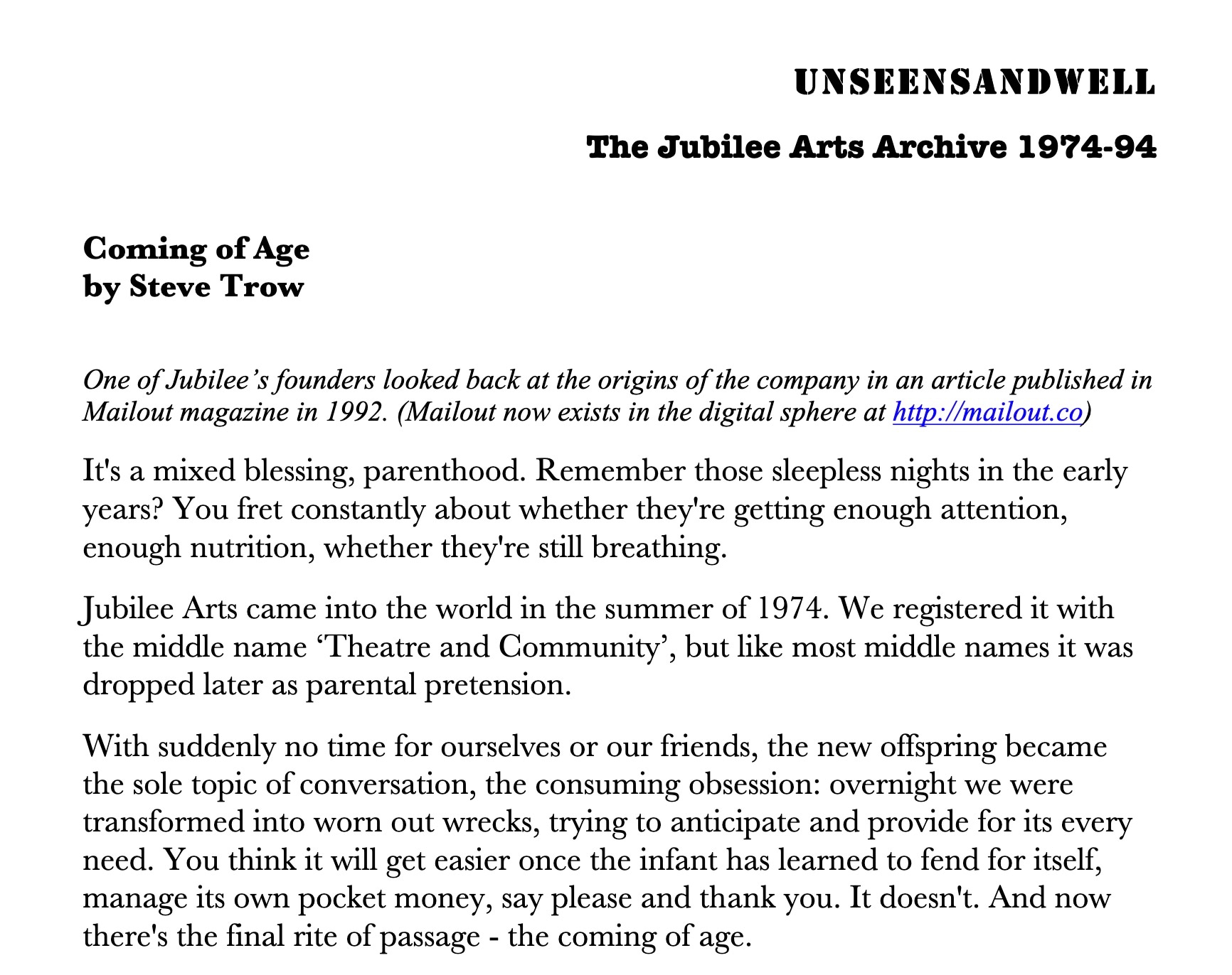 Coming of Age, by Steve Trow, 1992 The Jubilee Arts Archive 197494